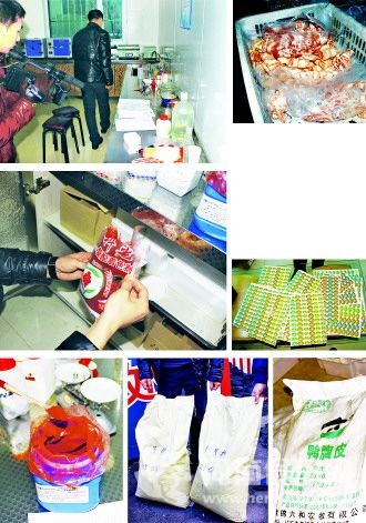 圖①為配料實驗室。　　圖②③為染色劑。　　圖④為保水劑。　　圖⑤為成品“羊肉卷”。　　圖⑥為綠色環保標志。　　圖⑦為制假原料鴨胸皮